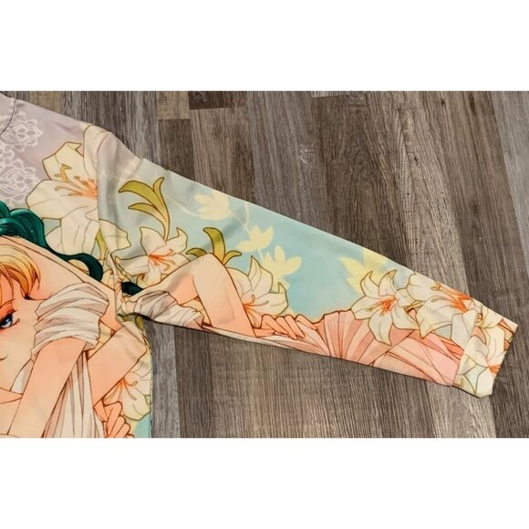 Anime-Inspired Hooded Longline Jacket Zipper Front Floral Art Allover Print 2LX - Picture 16 of 16